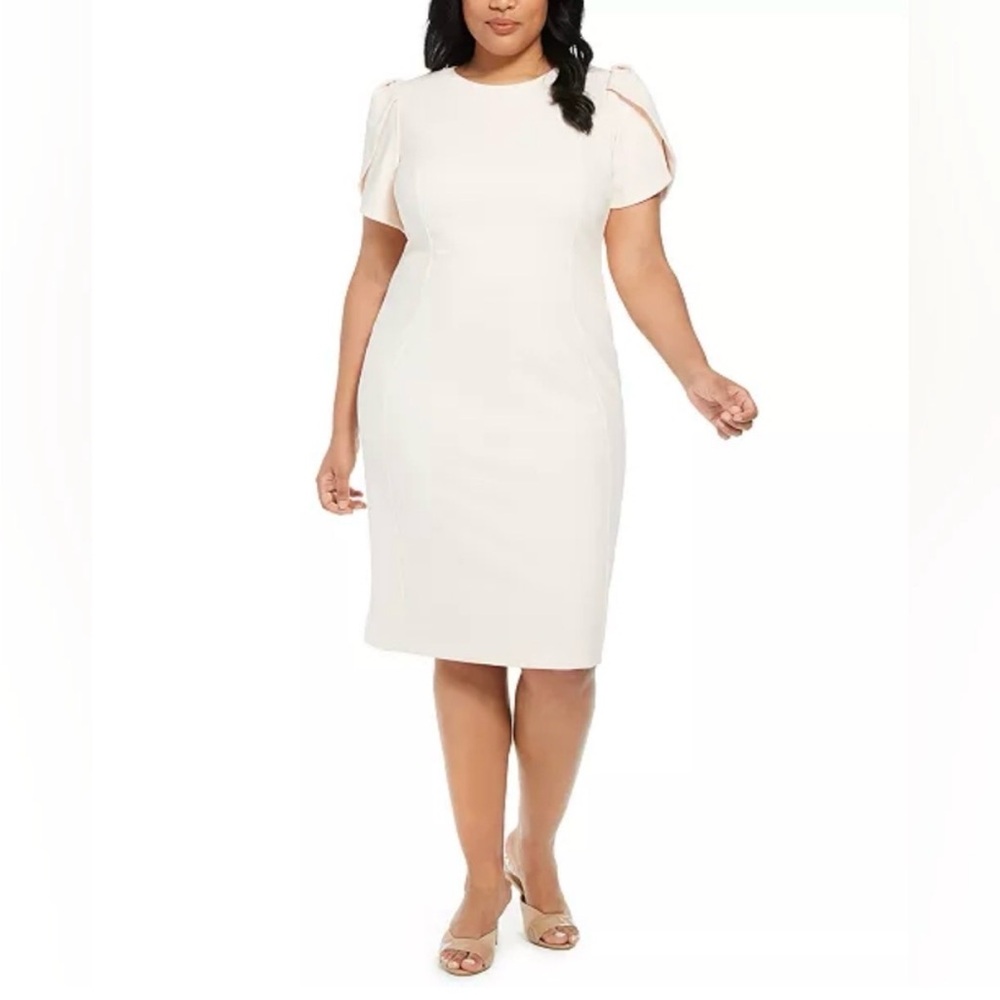 Pre-Owned Cream Calvin Klein Tulip Sleeved Seamed Sheath Dress